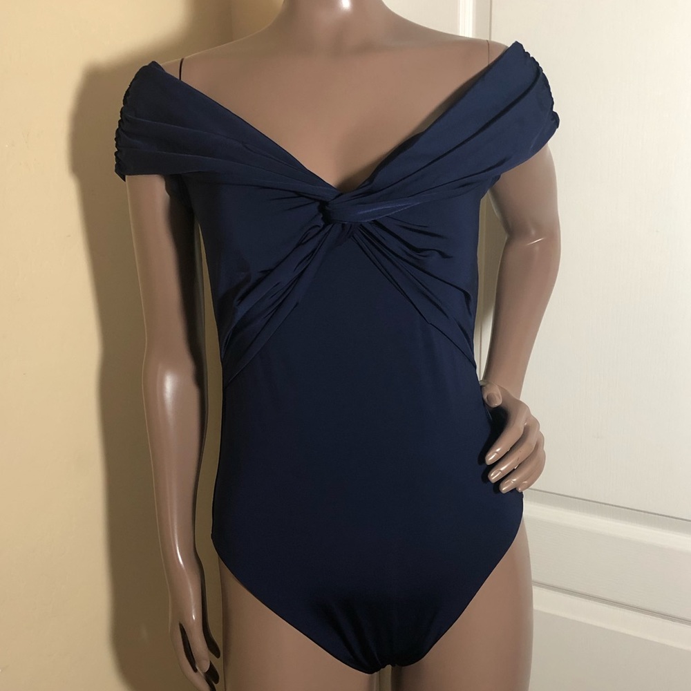 Trina Turk Off Shoulder Twist V Neck Swimsuit
